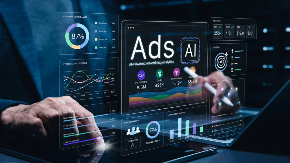 AI-powered advertising analytics dashboard showing campaign performance, ROI, targeting and audience insights