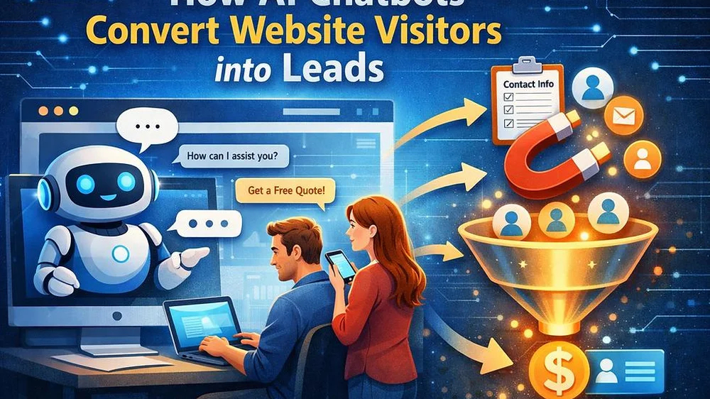 AI chatbot on a website answering visitor questions and collecting contact information to convert visitors into leads