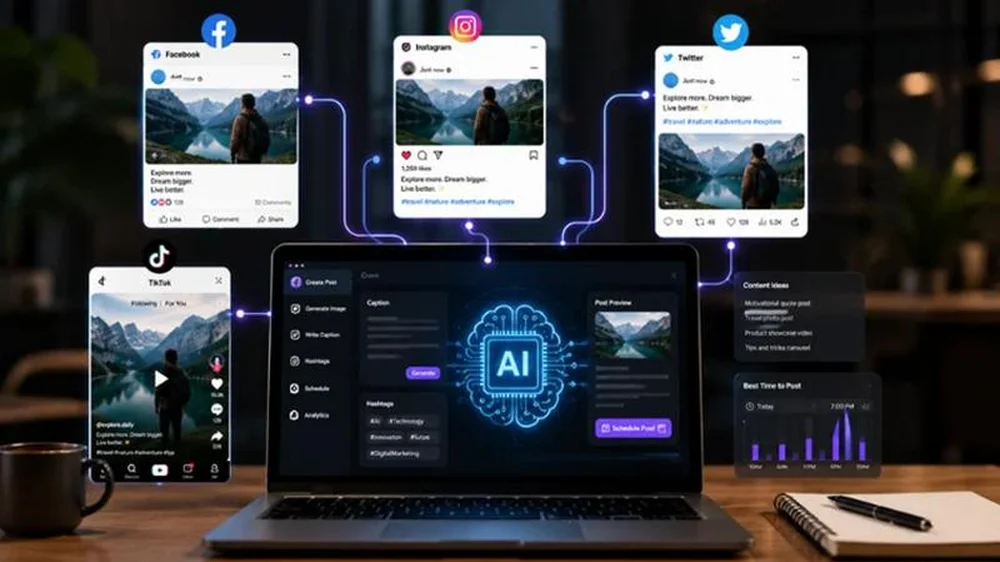 AI-assisted social media tool generating captions, hashtags and post ideas for Facebook, Instagram, Twitter and TikTok