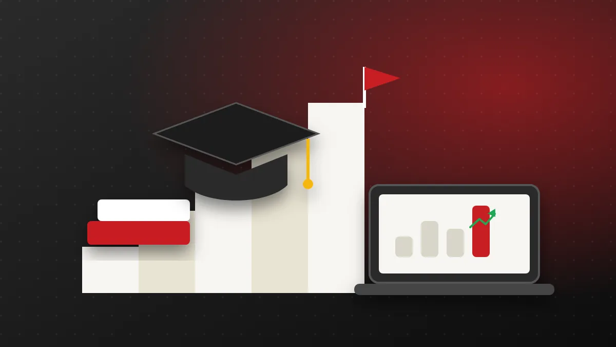 Graduation cap on a staircase leading to a goal flag beside a laptop showing a growth chart