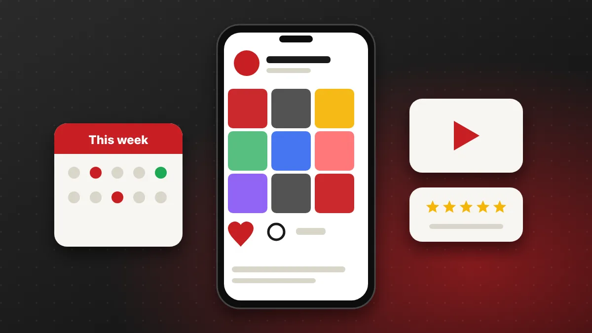Phone showing an Instagram-style grid of business posts beside a weekly content calendar and a reel