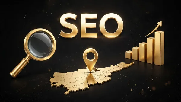 Gold SEO graphic with a location pin over a map of Andhra Pradesh and a rising search-ranking bar chart