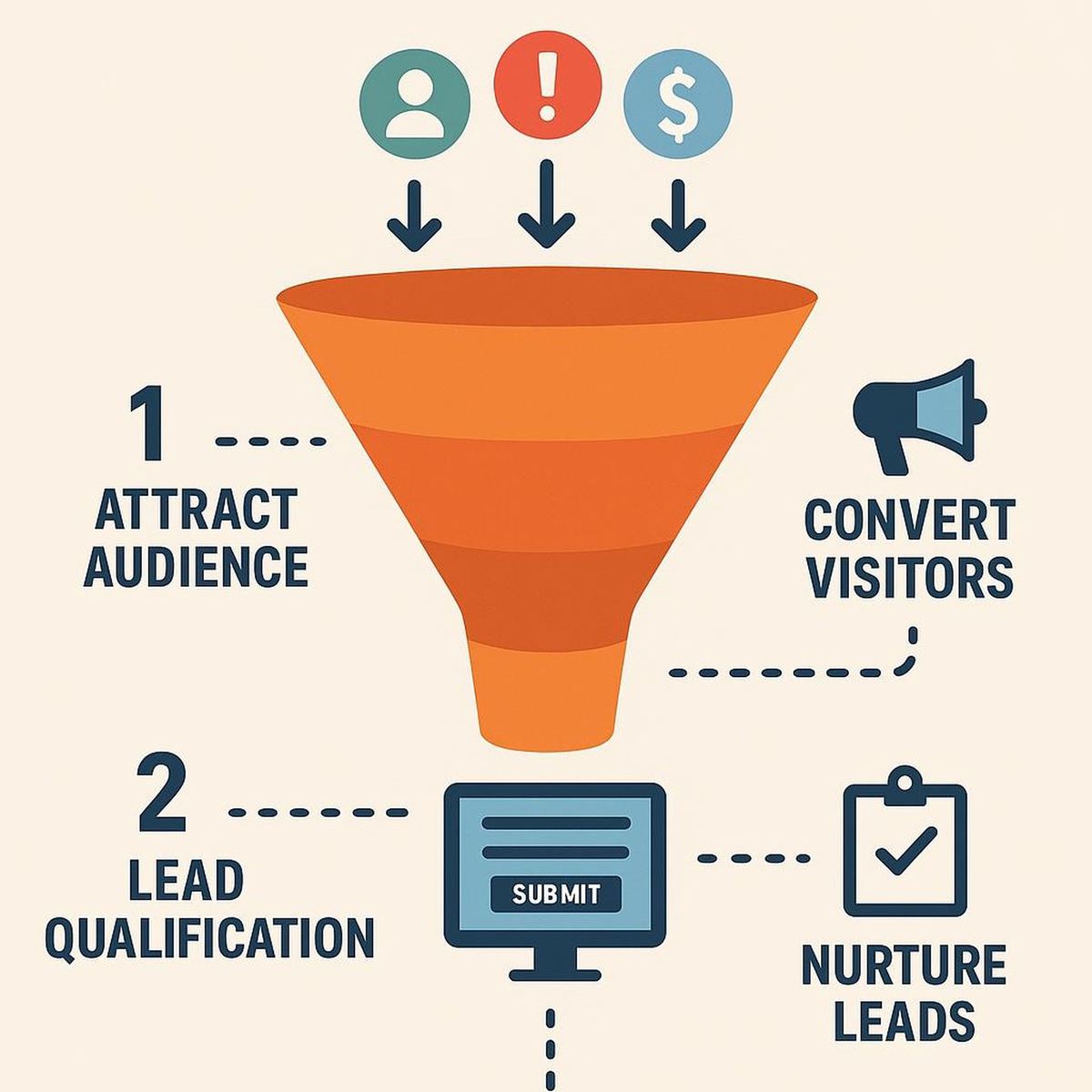 Lead generation funnel infographic showing how to attract, convert and nurture leads
