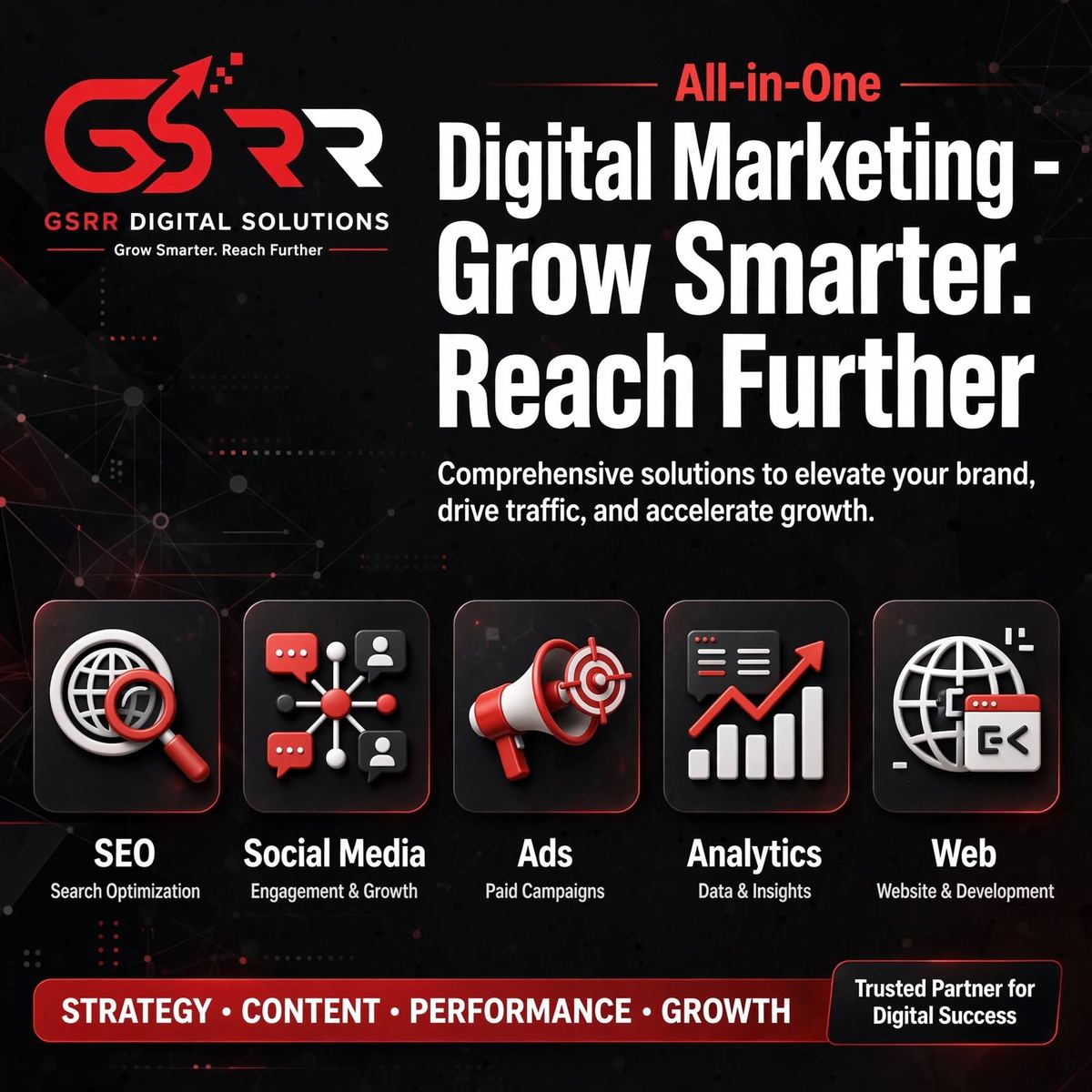GSRR Digital Solutions all-in-one digital marketing services overview: SEO, social media, ads, analytics and web