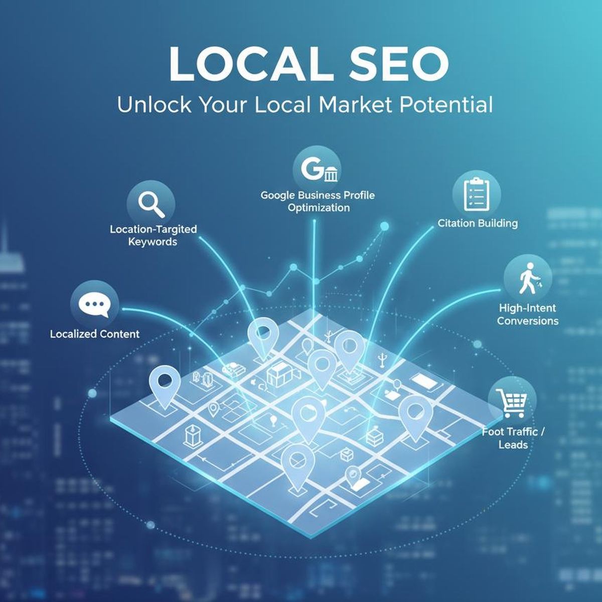 Local SEO map graphic highlighting Google Business Profile optimization and local search visibility